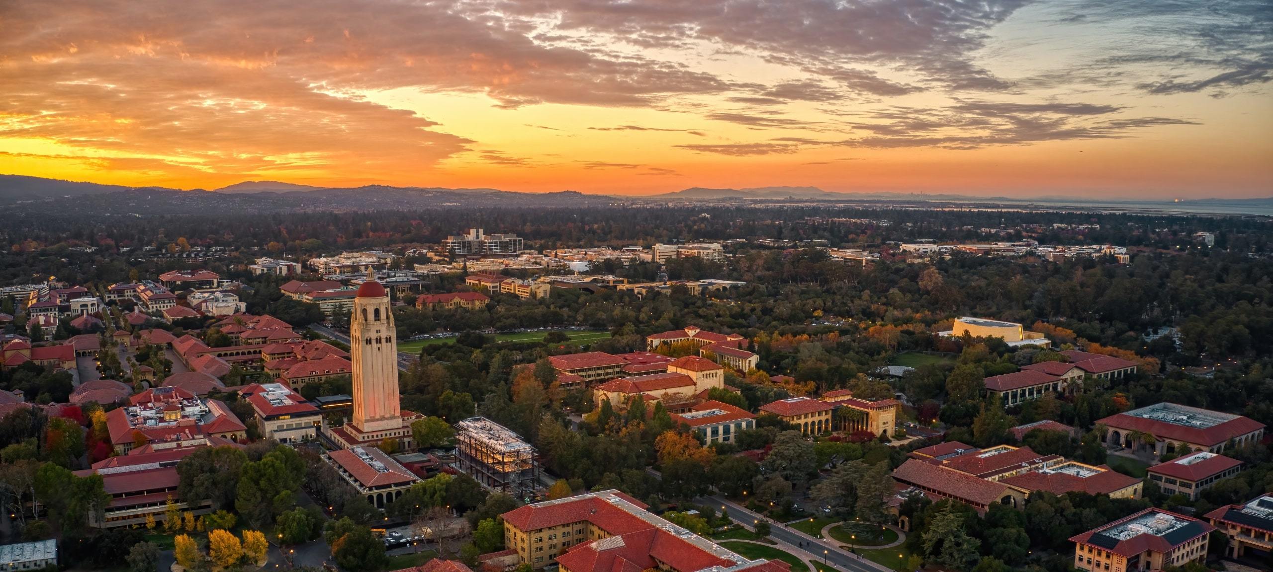 Sunset over Stanford University buildings near Palo Alto, CA